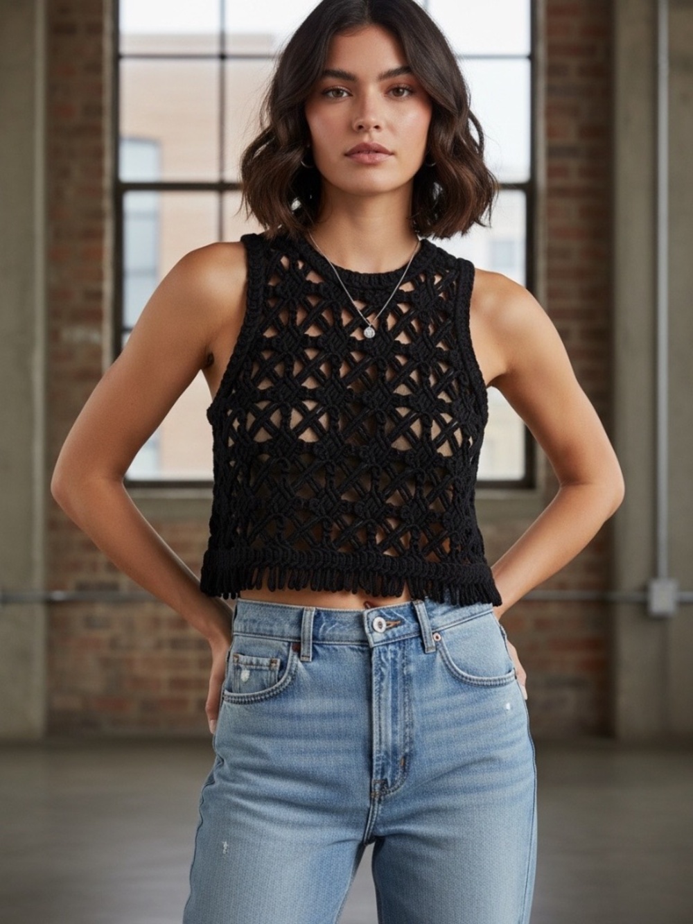 DKNY Jeans Black Crochet Open-work Knit Crop Top with Tassel Fringe XL